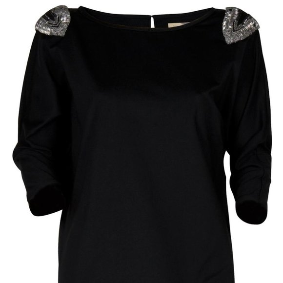 ELIZABETH AND JAMES Beaded Embellished Jeweled Black Mini Shoulder Wedge Dress - Picture 3 of 8